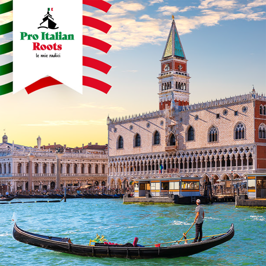 Gondola in front of St. Mark's Square in Venice, symbolizing Italian citizenship by descent assistance with Pro Italian Roots