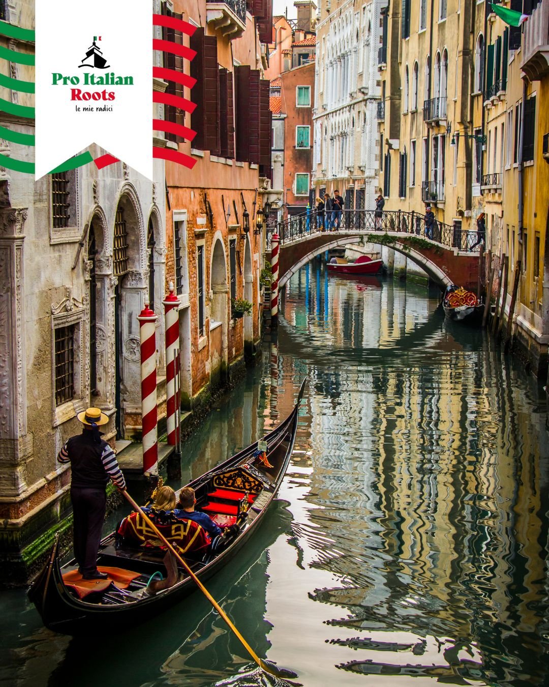 Gondola navigating a Venetian canal under a bridge.