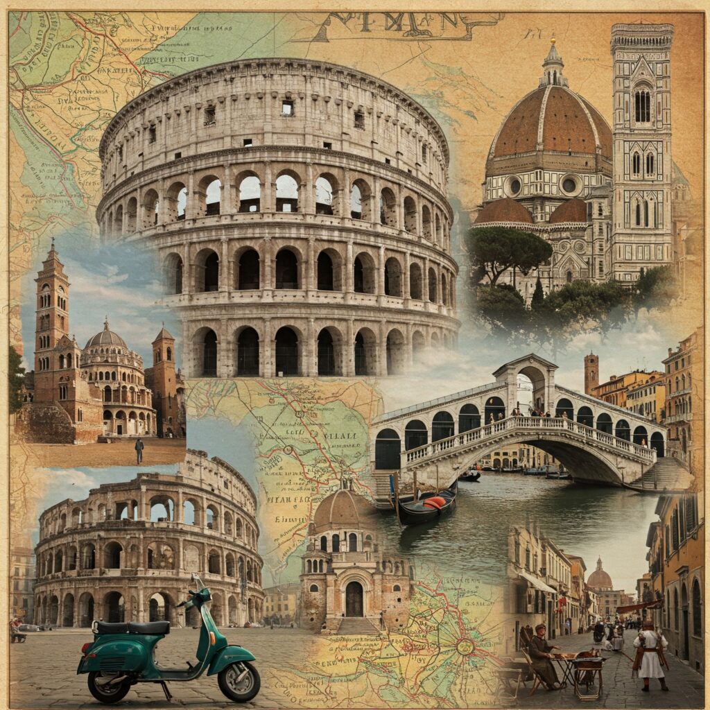 A collage-style photo of Italy, prominently featuring Rome, Venice, and Florence. Iconic landmarks such as the Colosseum in Rome, the Rialto Bridge in Venice, and the Florence Cathedral (Duomo) are depicted with photographic realism, layered over a textured map of Italy with hand-drawn elements and illustrations representing each city