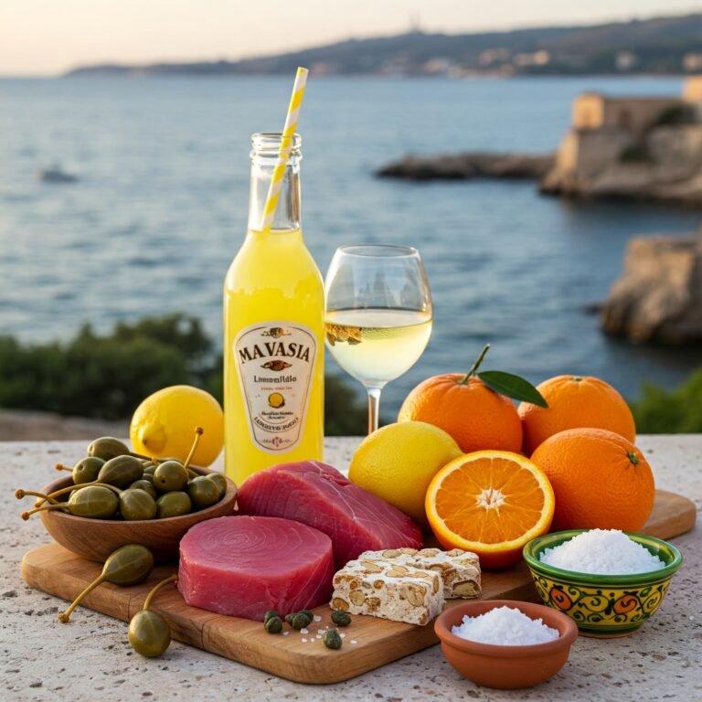 Sicilian Malvasia wine with capers, citrus fruits, olives, tuna, and torrone by the Mediterranean Sea