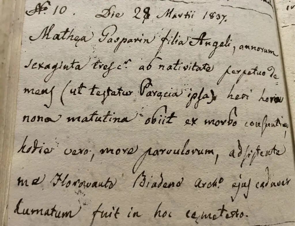 Original Italian civil record from 1837 parish archives for Italian genealogy research