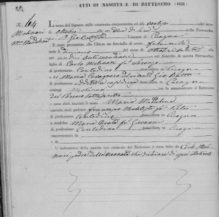 Printed parish form headed "Atti di Nascita e di Battesimo (1858)", act 64, completed in Italian cursive: Maria Maddalena Molinari, daughter of the contadino Carlo Molinari and Maria Cavagnari of Cicagna, birth and baptism recorded in a single act with godparents named and the father's own declaration of the birth at the foot.