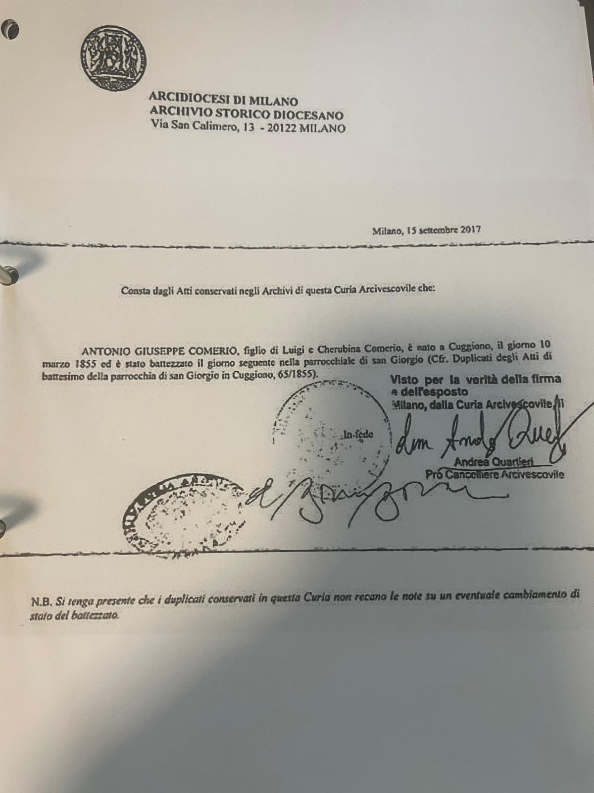 Lombardy dioceses parish records genealogy: printed baptism certificate of the Archdiocese of Milan, issued 15 September 2017 by the Archivio Storico Diocesano: Antonio Giuseppe Comerio, son of Luigi and Cherubina Comerio, born at Cuggiono on 10 March 1855 and baptised the following day in the parish church of San Giorgio, from the baptism duplicates 63/1855 — with the curia's note that duplicates carry no marginal notes on later changes of status.