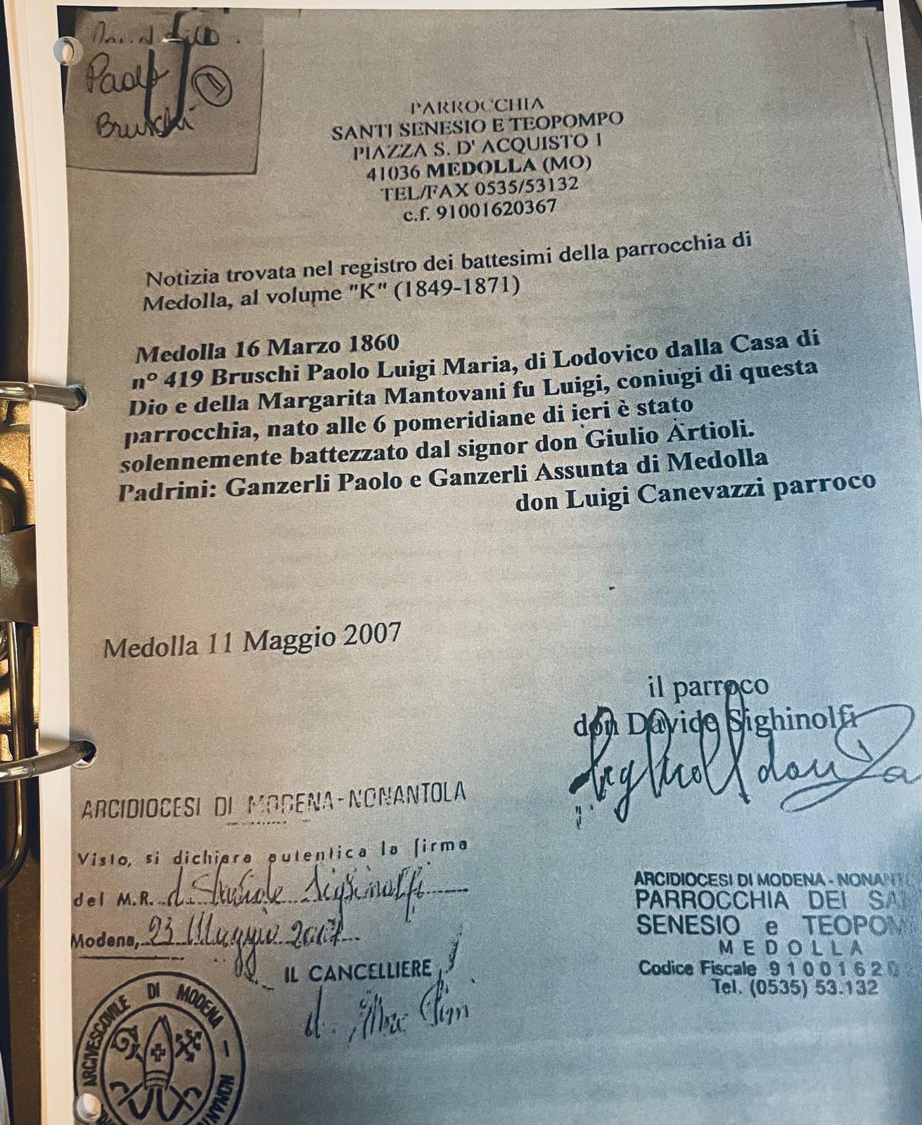 Parish baptism certificate of Santi Senesio e Teopompo, Medolla (province of Modena), issued 11 May 2007 and authenticated by the chancery of the Archdiocese of Modena-Nonantola on 23 May 2007, transcribing entry no. 419 of baptism volume K (1849-1871): a child baptised on 16 March 1860.