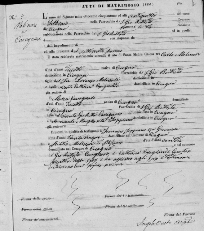 Printed parish marriage form headed "Atti di Matrimonio (1851)", act 7, completed in Italian cursive: Carlo Molinari, a widower, and Maria Cavagnari, a widow, both born and living in Cicagna, married in the parish of San Giovanni Battista after the three publications, with witness and parish-priest signature spaces below — the Kingdom of Sardinia pattern where the parroco kept the state's books too.