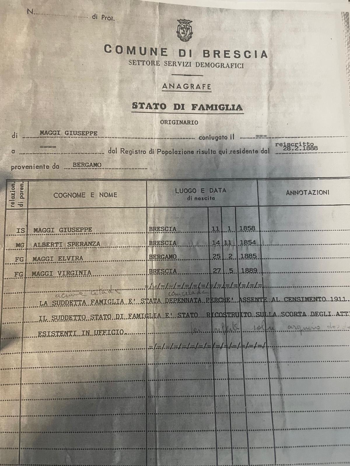 Printed "Stato di famiglia originario" of the Comune di Brescia, anagrafe: the family of Maggi Giuseppe, re-registered on 28 February 1888 and coming from Bergamo, with wife Alberti Speranza and daughters Elvira (born Bergamo 1885) and Virginia (born Brescia 1889); the sheet records that the family was struck off because absent at the 1911 census, and that the status was reconstructed from office records.