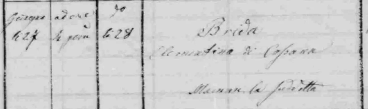 Original 1872 baptism ledger from Caldes Trentino recording Clementina Brida on June 27