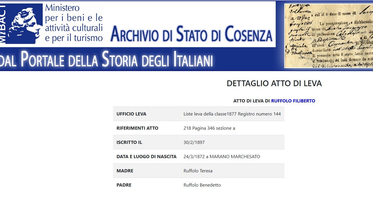 Military draft record of Filiberto Ruffolo born in Marano Marchesato from the State Archive of Cosenza