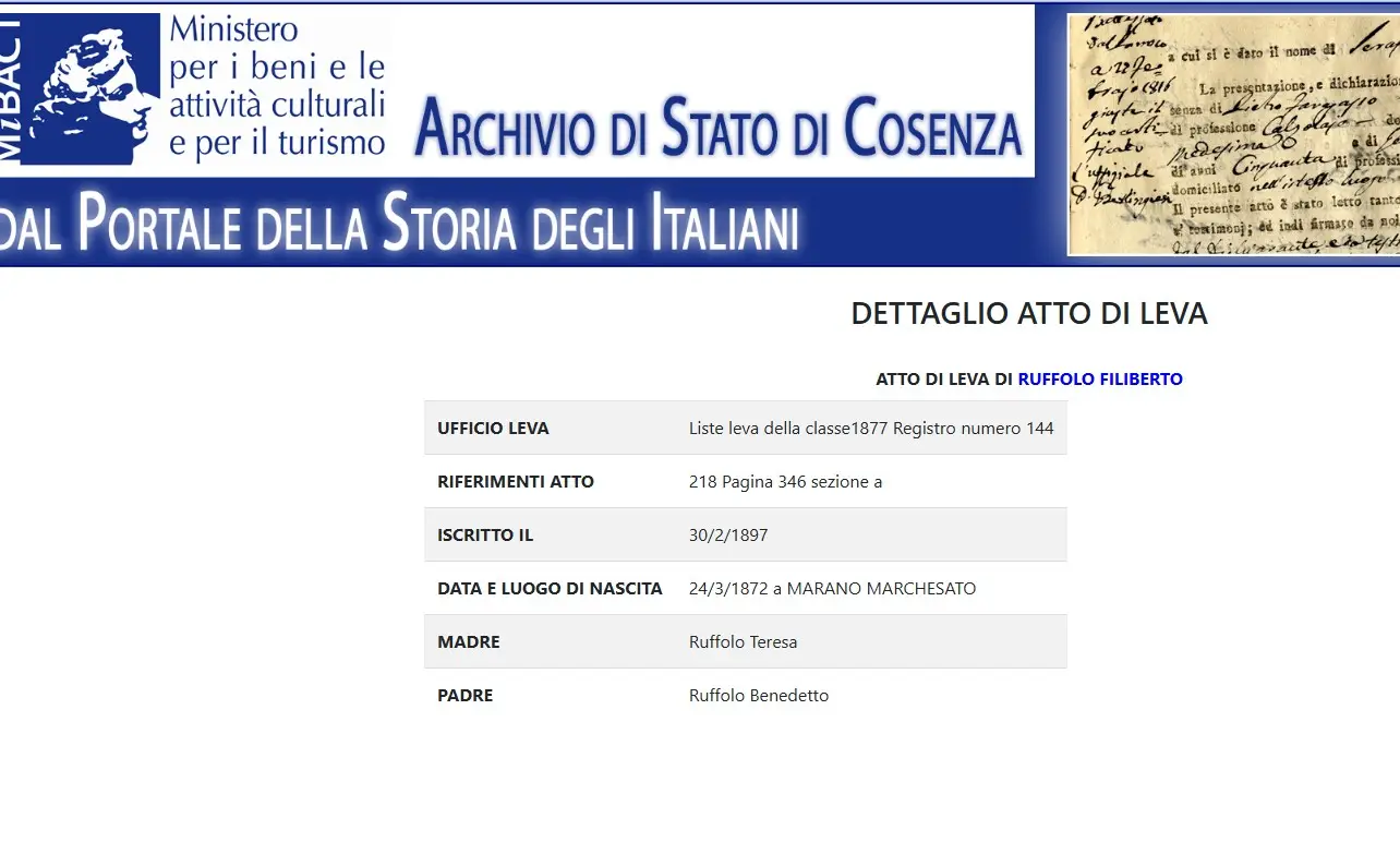 Military draft record of Filiberto Ruffolo born in Marano Marchesato from the State Archive of Cosenza