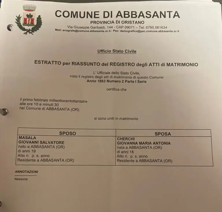 Original civil marriage record of Giovanni Masala in Abbasanta Sardinia proving the authentic family surname