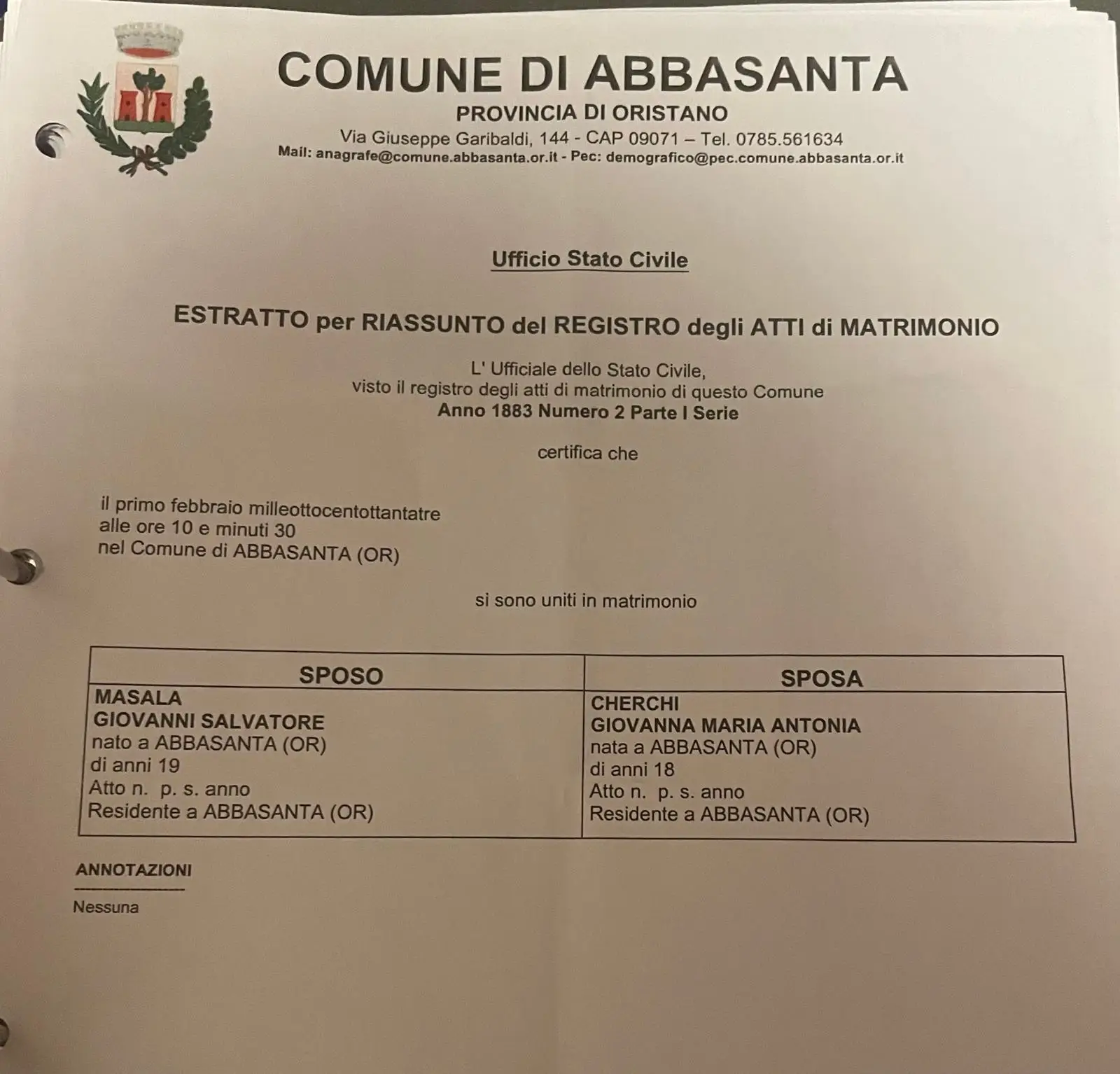 Original civil marriage record of Giovanni Masala in Abbasanta Sardinia proving the authentic family surname