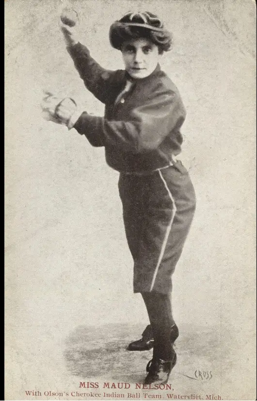 Vintage postcard of pioneering baseball pitcher Maud Nelson born Clementina Brida in team uniform