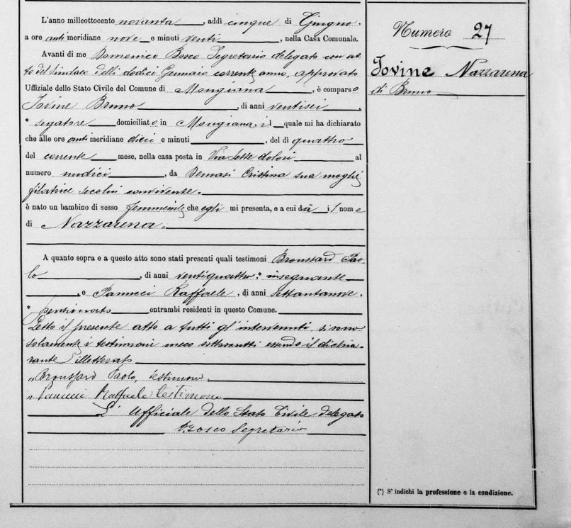 Original civil birth record of Nazzarena Iovine registered in Mongiana Calabria proving maternal lineage