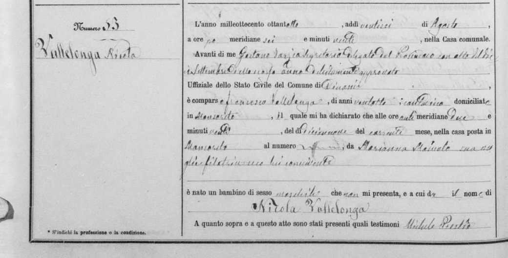 Original civil birth record of Nicola Vallelonga registered in Dinami Calabria establishing the true ancestral town